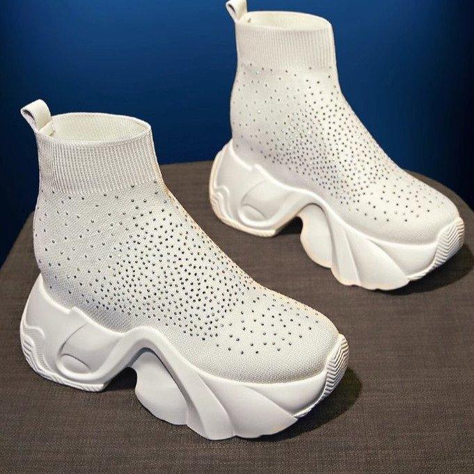 Hot Selling Knitted Socks Boots for Women 2025 Autumn Thick Soled Rhinestone Knitting Shoes Casual Inner Increase Elastic Boots