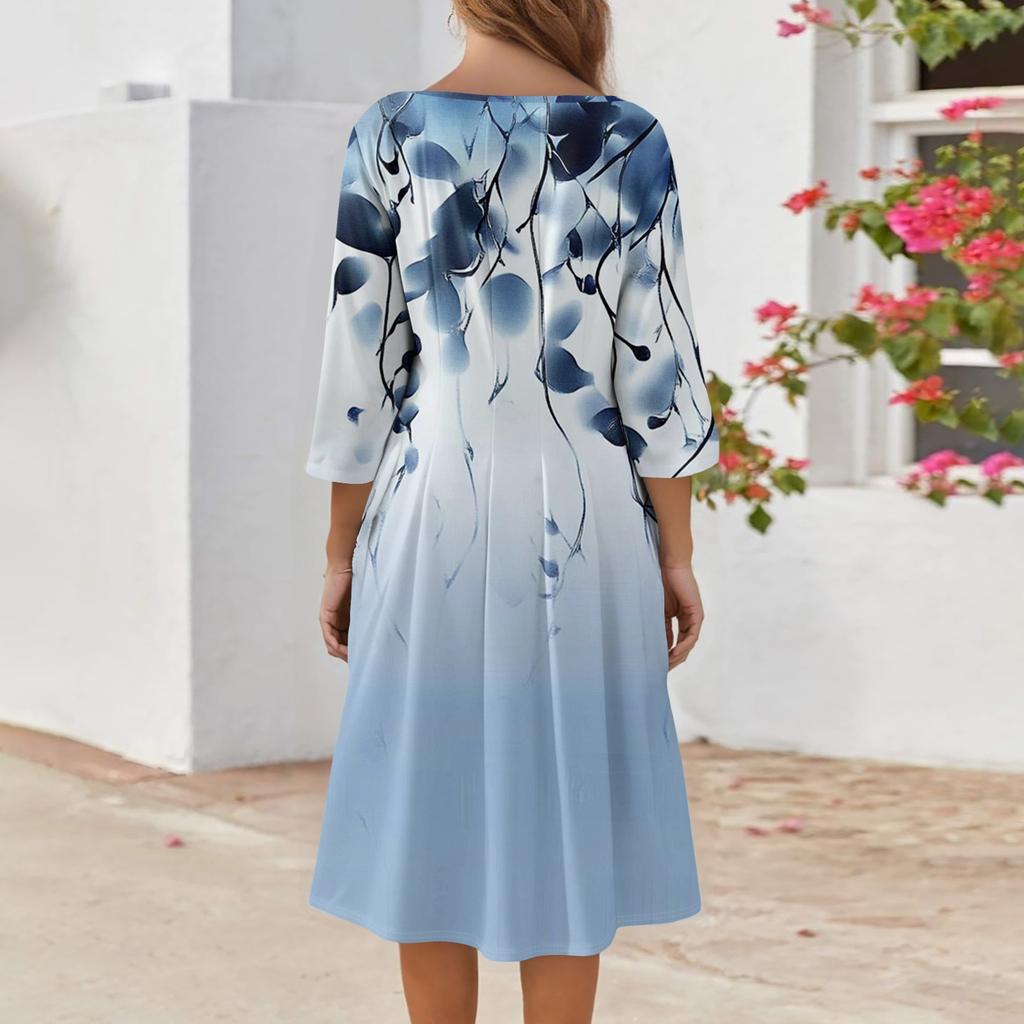 Lässiges, modisches Midikleid mit Rundhalsausschnitt, Dreiviertelärmeln und Print für Damen