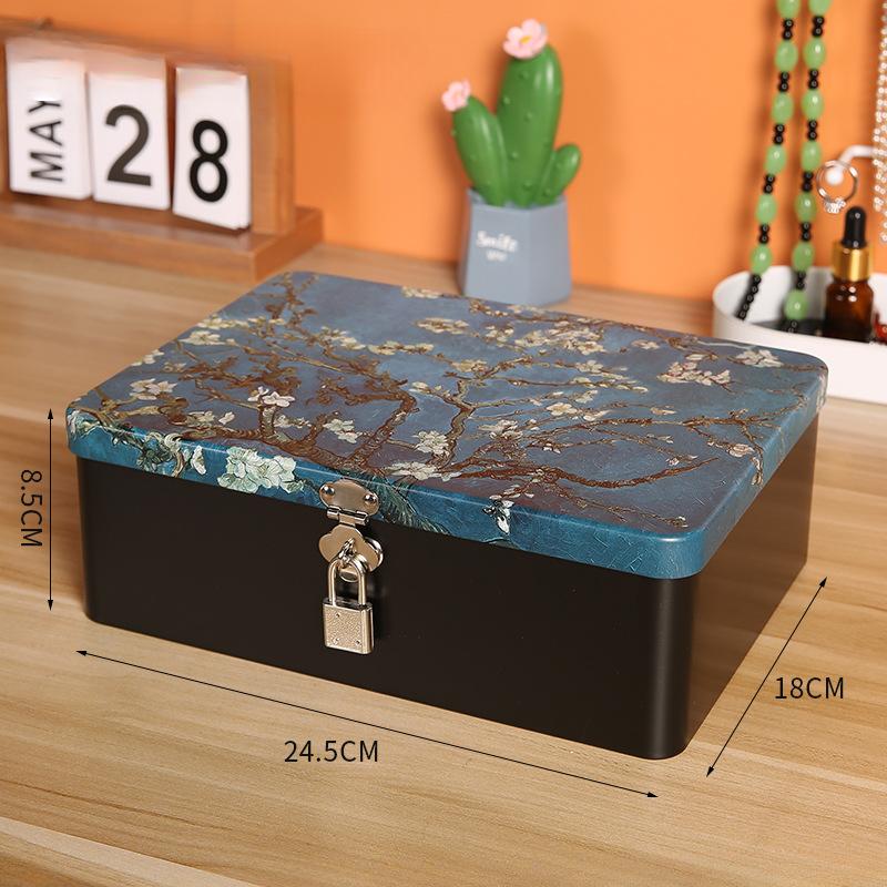 Iron Box with Lock and Key Desktop Storage Box Retro Tinplate Cosmetics ID Storage Household Jewelry Storage Empty Box
