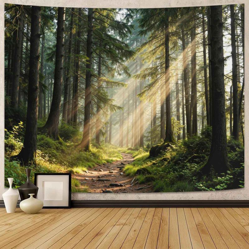 Misty Sunbeam Forest Tapestry Nature Green Tree Landscape Polyester Wall Hanging Aesthetic Bedroom Dorm Living Room Home Decor