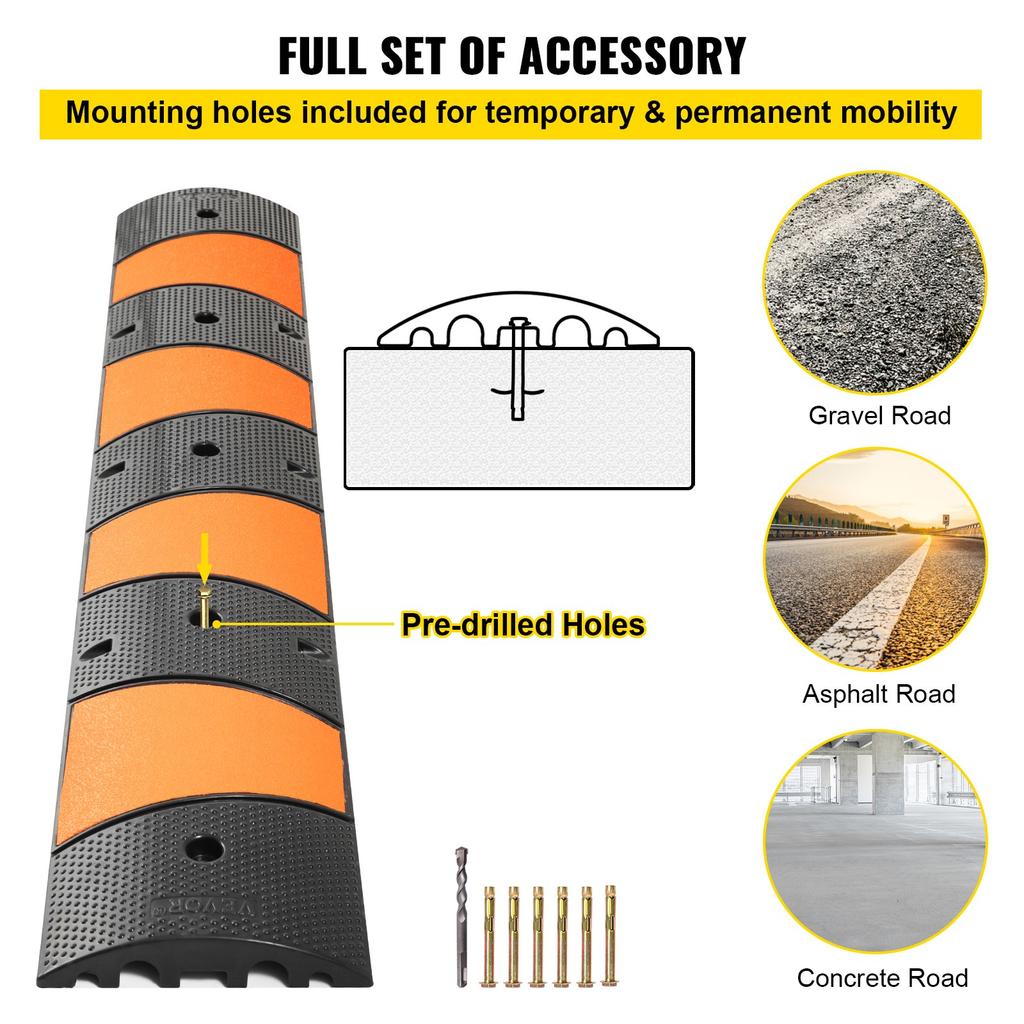 VEVOR Modular Rubber Speed Bump Driveway Cable Protector Ramp 6FT with 2 Channel 185x31x5.5 cm