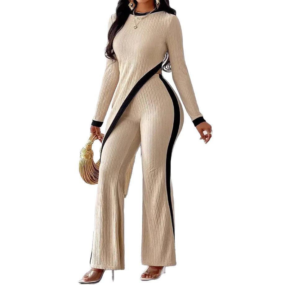 2025 Spring/Summer Women's Color-Block Long-Sleeve T-Shirt & Patchwork Pants Set