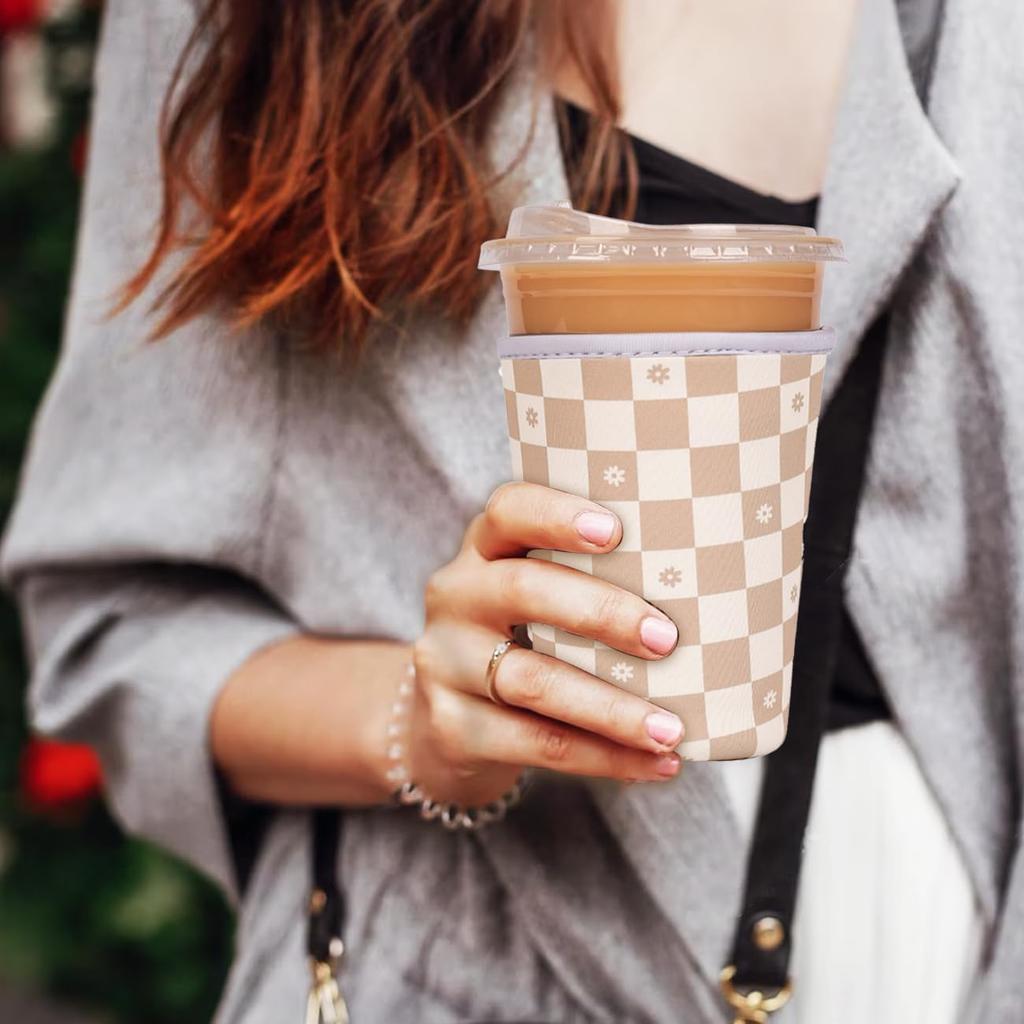 Reble Ulated Neoprene Iced Coffee Cup Sleeve, Durable Drink Sleeve for Cold Beverages, Beverage Holder for Iced Coffee, Floral Checkers
