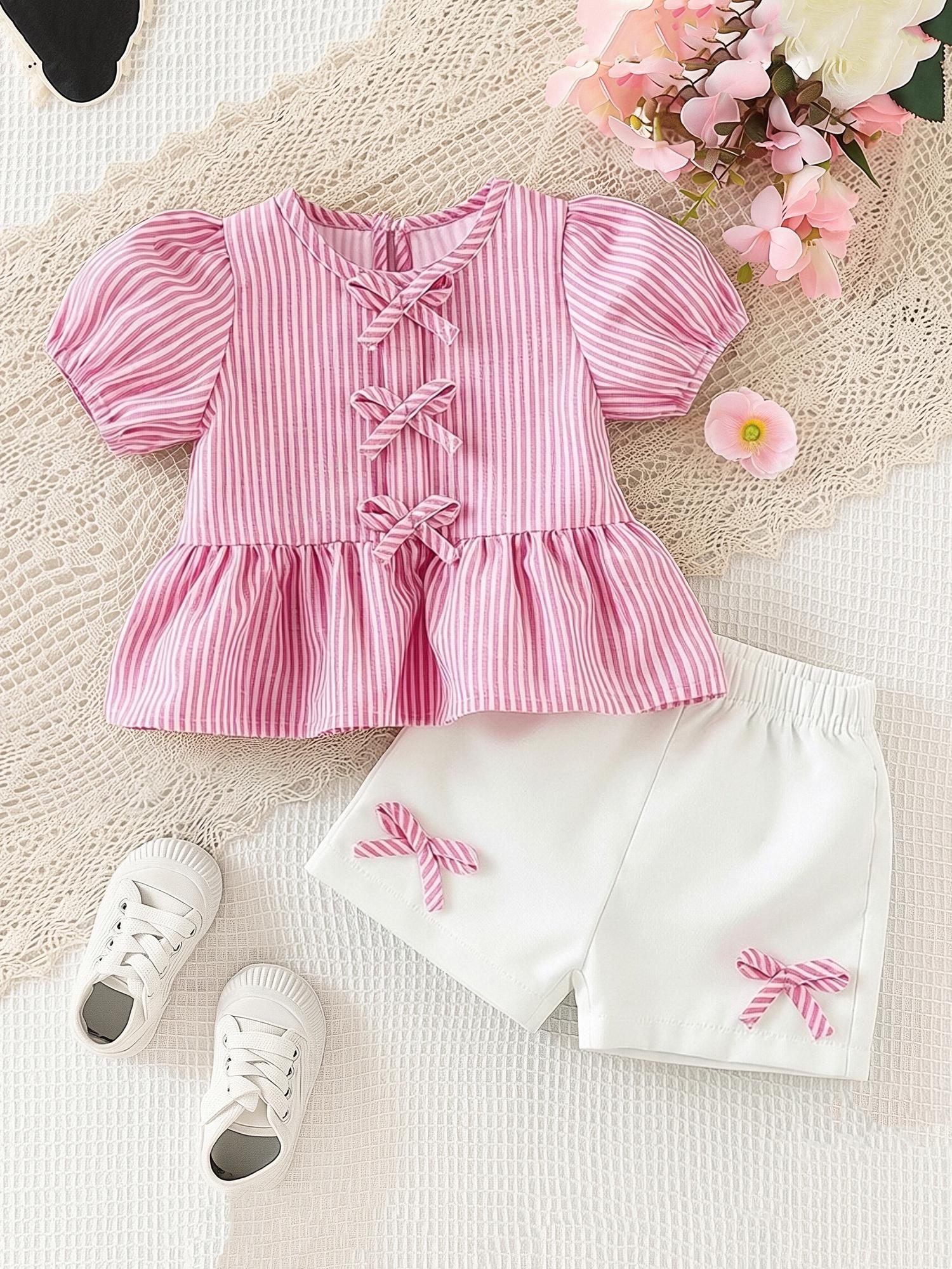 

Baby Girl Clothing Set Summer Outfit Pink Stripe Top with Bow & Shorts Newborn Toddler 0-3Y 6-9M розовый