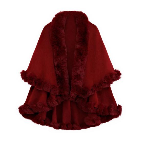 Women Cape Shawl with Fur Collar Soft Warm Wrap Double Layer Knit Cardigan Acrylic Warm Poncho for Fall Winter
