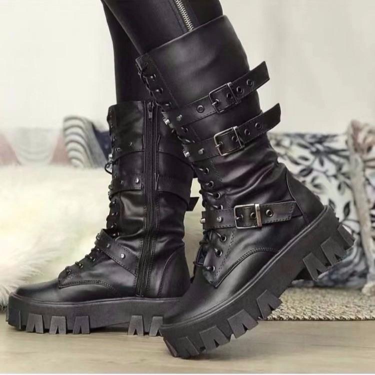 Fashion Luxury Women's Boots Pu Leather Ladies Mid-calf Boots Punk Gothic Biker Boots Side Zip Shoes for Women New Botines Para Mujeres