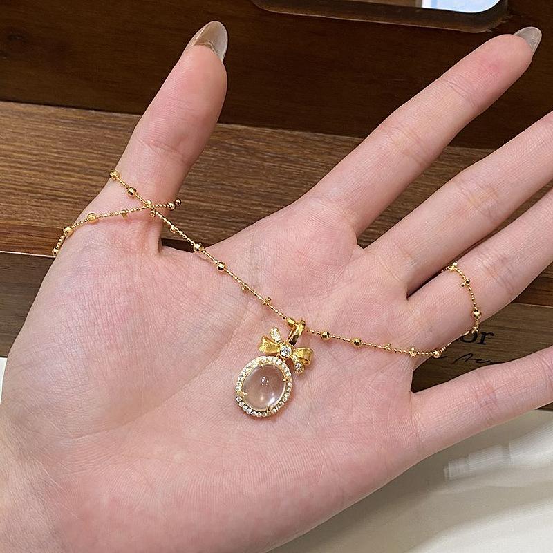 Natural chalcedony pendant exquisite brushed bowknot necklace for Women light luxury collarbone chain wedding  gift