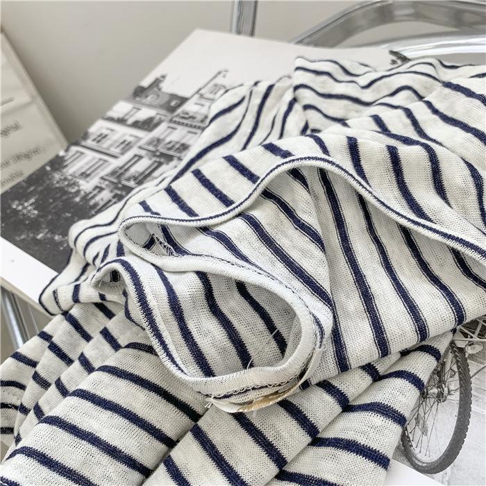 Women's Light Blue Striped V-Neck Bamboo Cotton Short-Sleeve T-Shirt - Loose Fit, Slightly Transparent