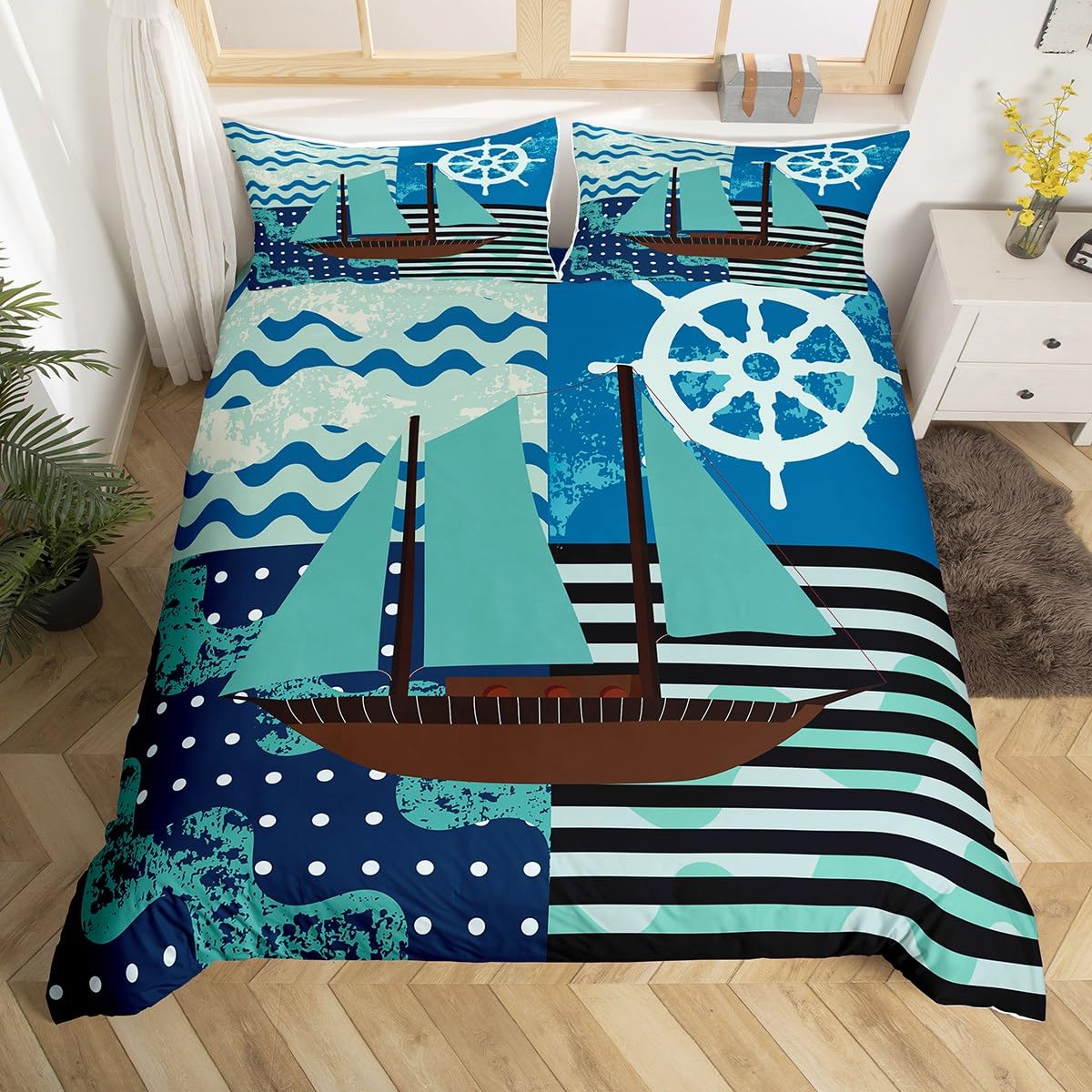 

Comforter Nautical Compass Queen Fullnavy Blue Geometric Grid Bedding Set Vintage Coastal Ocean Sailing Theme Comforter Comforter (quilt)-EU Single(135*200cm)3pcs