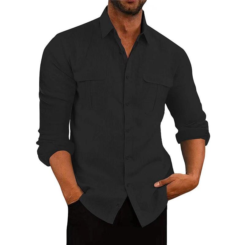Camicie da uomo europee e americane Camicie a maniche lunghe in cotone e lino con doppia tasca Camicie casual per le feste