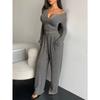 Women Solid Color Two Piece Set Long Sleeve Buttoned Fitted Top Long Pants