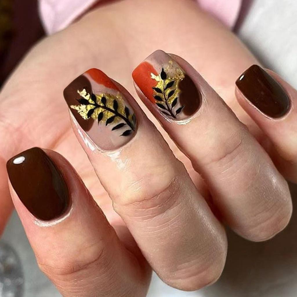 24pcs/set False Nails With Gold Foil Glitter ABS Press On Nails For Fall Winter Elegant Manicure MultiSize Reusable