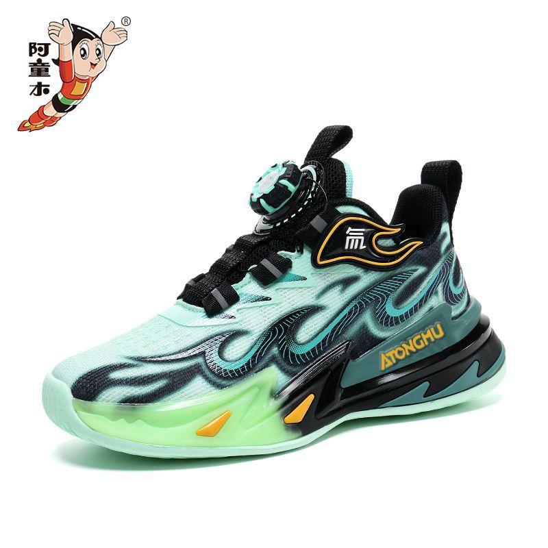 Astro Boy leather surface new vitality wear-resistant flame children's button sneakers soft basketball shoes running shoes