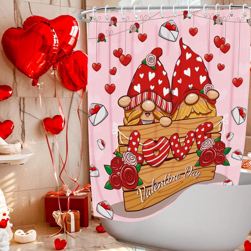Nidoul Valentines Day Shower Curtain Gnome Valentine's Day Shower Curtain for Bathroom Valentine Romantic Red Heart Aesthetic Fabric Waterproof Cute