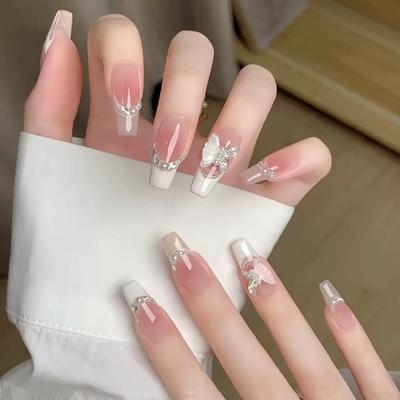 Nowa Moda Noszona Zbroja Średniej Długości Różowa Zbroja Premium Letnia Biała Ręcznie Robione Kawałki Manicure Motyl z Cyrkoniami Francuskie Sztuczne Paznokcie do Narzędzi do Paznokci