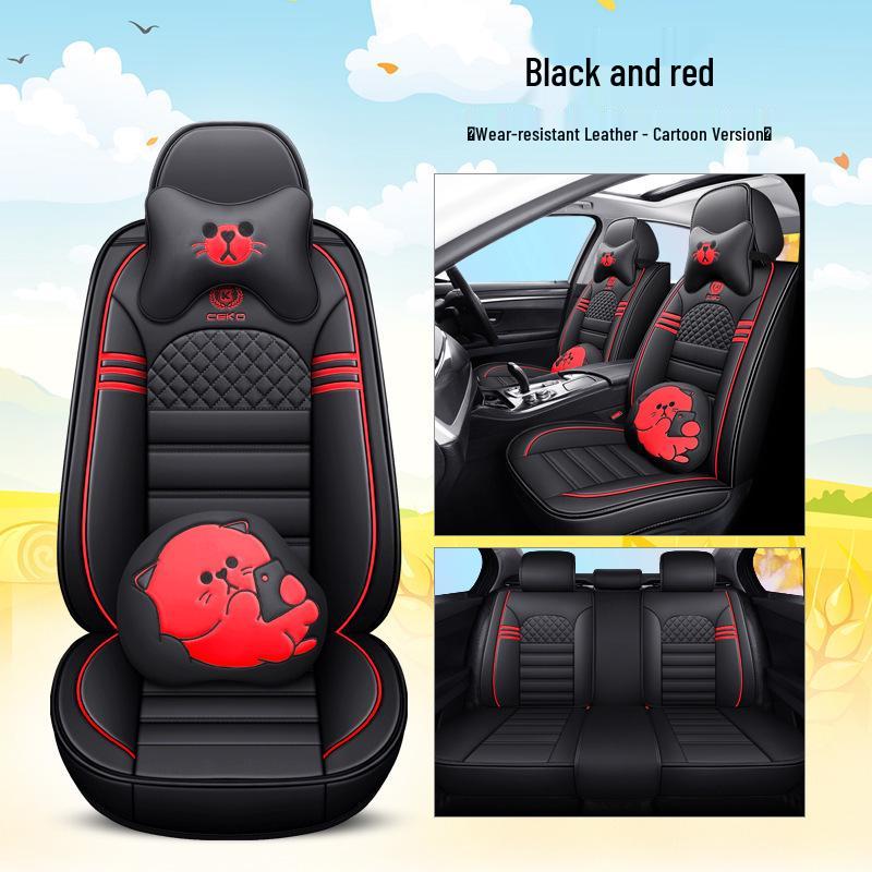 Four Seasons Universal Cartoon Leather Car Seat Cover - Odorless, Full Surround, for Five-Seat Cars.