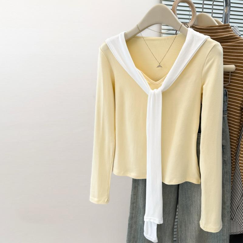 Sweet and spicy fake two-piece shawl long-sleeved T-shirt for women's autumn slim-fitting and thin inner bottoming shirt v-neck clothes