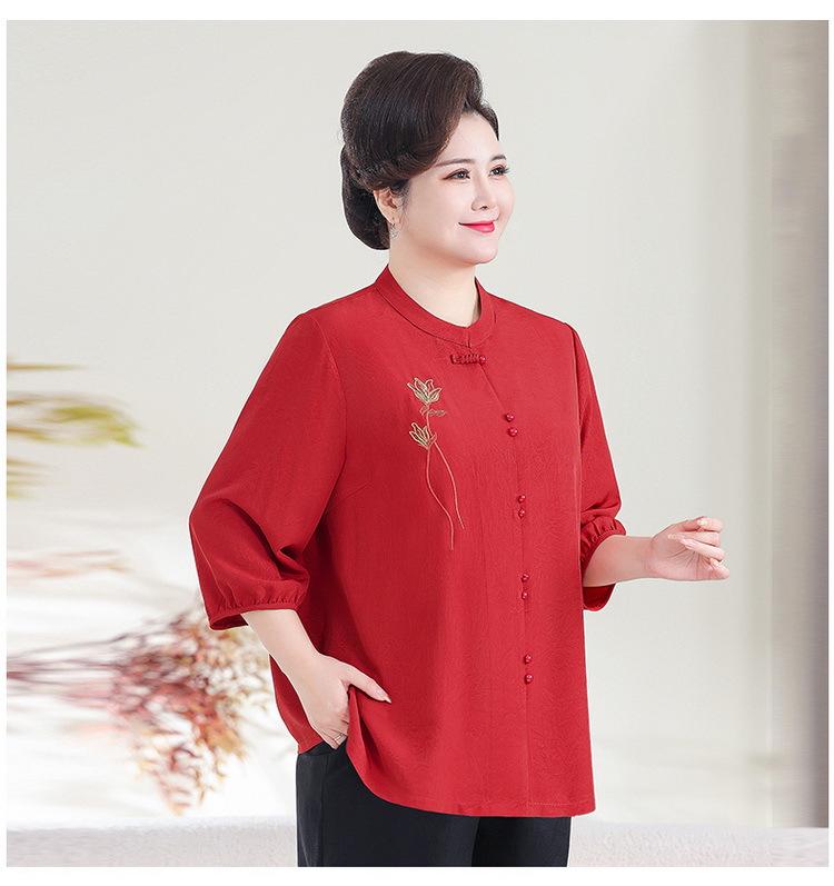 Plus-Size Chinese Style Seven-Sleeve Cardigan Shirt for Middle-Aged and Elderly Women