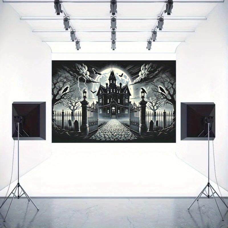 1pc, Haunted Manor Halloween Party Backdrop Fabric, Birthday Banner and Flag Supplies, Cake Table Party Decoration