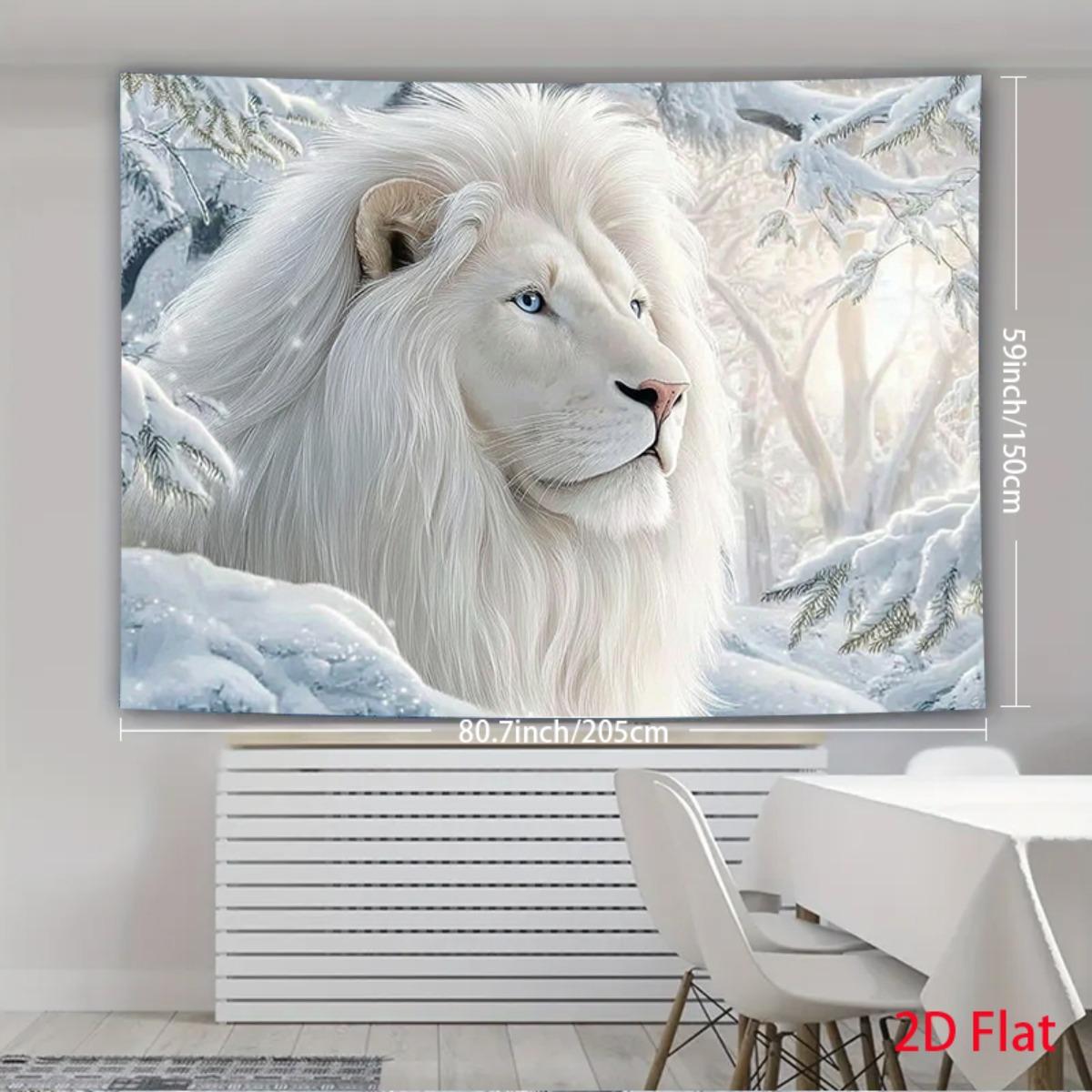 Majestic White Lion Tapestry Wall Hanging, Blue Eyed Lion In Snowy Forest Winter Landscape, Boho Home Decor For Living Room 70x100cm28x39in