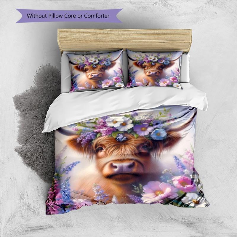 Highland Cow Colorful Wildflower Garland Butterfly Print 3 Pieces Duvet Cover Set Farm Animal Bedding Bedroom Home Decor Without Pillow Core Comforter