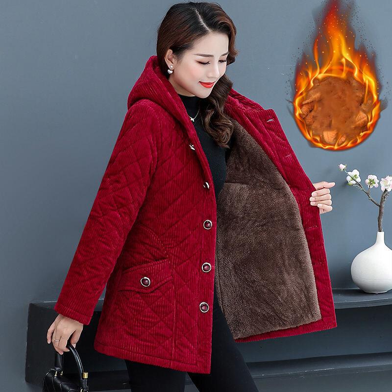 

Вельветовое зимнее пальто женское Пуховик Зимний Корейский стиль Длинный Женский Ниже колена Хлопковая куртка с подкладкой Сохраняет тепло XXXXXL