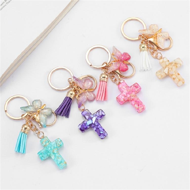 Christian Resins Crosses and Butterfly Keychain with Tassels for Daily Key Organization and Backpack Bag Decoration