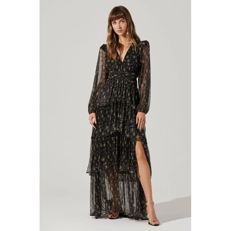 

A * S Small Tr Popular Romantic Floral Layer Skirt Back Strap Design Sense Dress Split Long sleeve Long dress Women As shown in the figure L