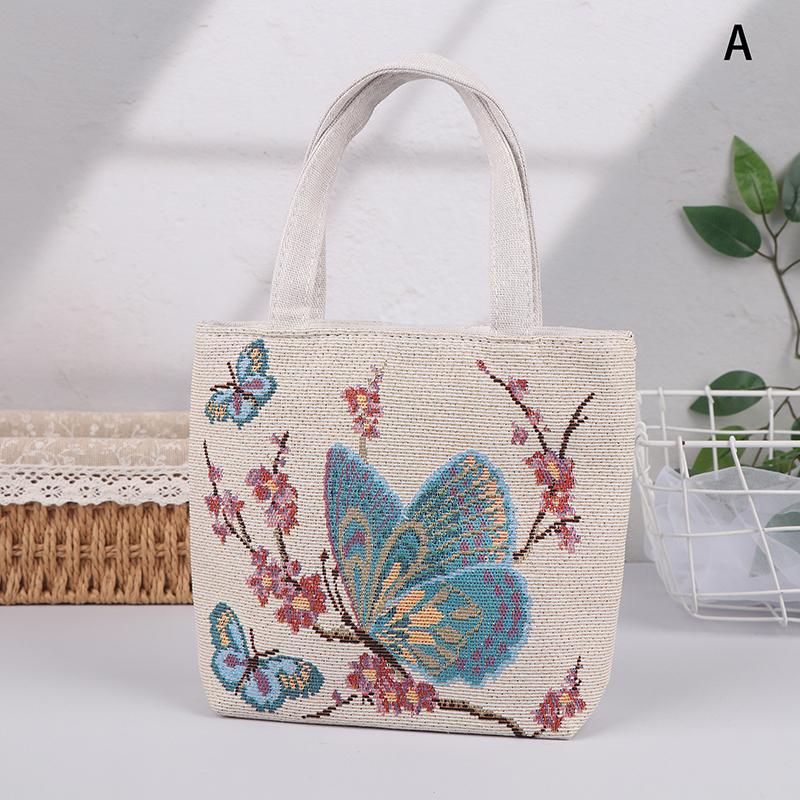 Embroidery Canvas Bag Cute Butterfly Rabbit Peony Tote Bag Small Shoulder Traveling Pouch Handbag Grocery Storage Bag