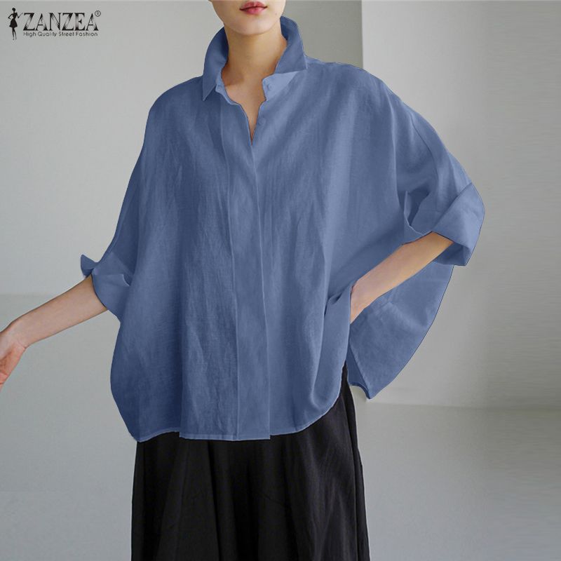 ZANZEA Women Casual Loose Lapel Collar 3/4 Batwing Sleeve Buttons Up Blouse