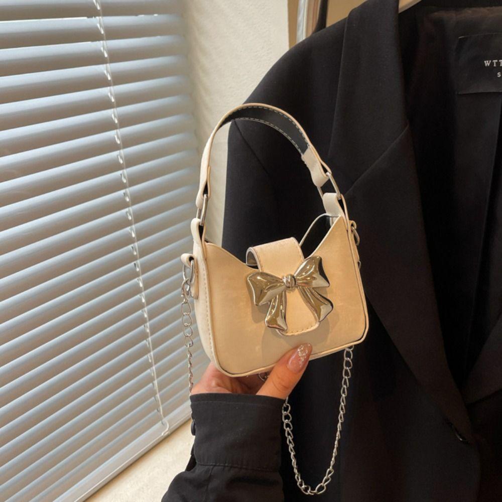 Mini Bow Buckle PU Bag Pu Leather Women's Shoulder Bag Trendy Silver Bucket Bag  Makeup Bag