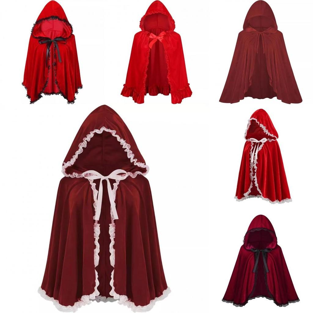 Lussuoso Mantello Corto con Cappuccio e Bordi in Pizzo Rosso Vino per Donna Perfetto per Halloween e Altro