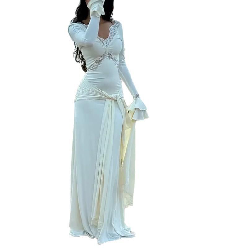 Women's Clothing, New Spring Models In Europe, America, Pure Desire Style White Lace V-neck Waist Dress