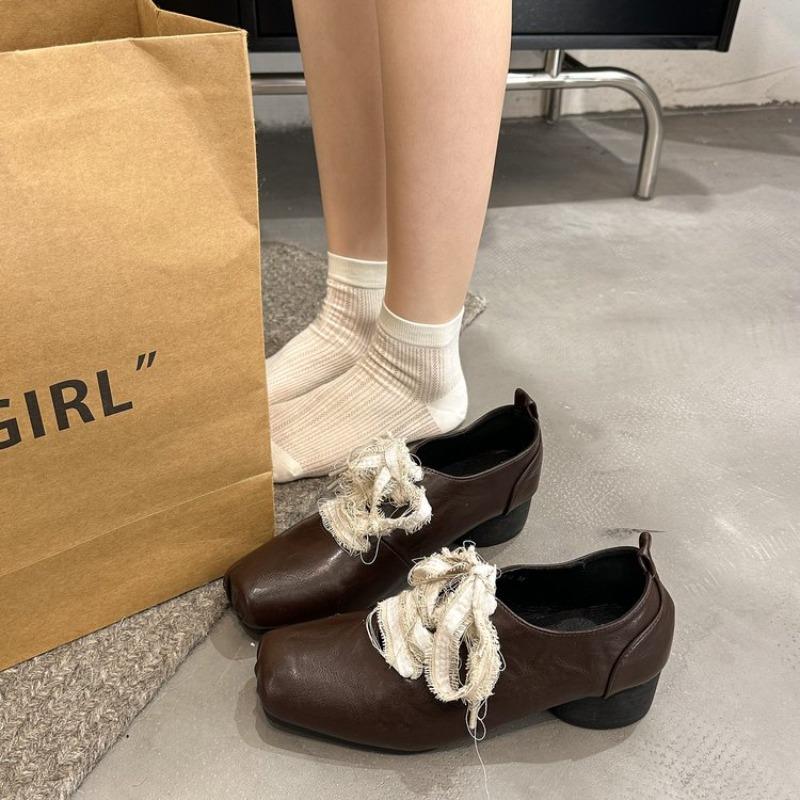 Fashion Women's Thick Heel Shoes Spring New Square Head Deep Mouth Front Lacing Anti-slip Wear-resistant Low-top Shoes