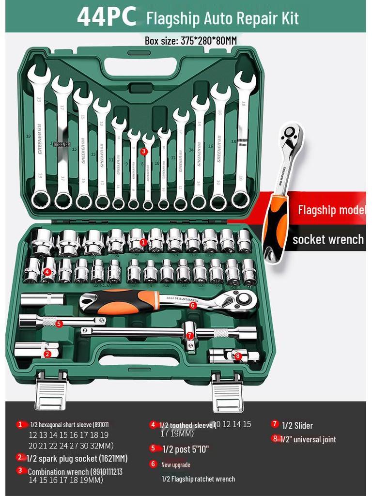 Green Forest Auto Repair Tool Set: Socket Wrench, Ratchet, Combination Tool Box.