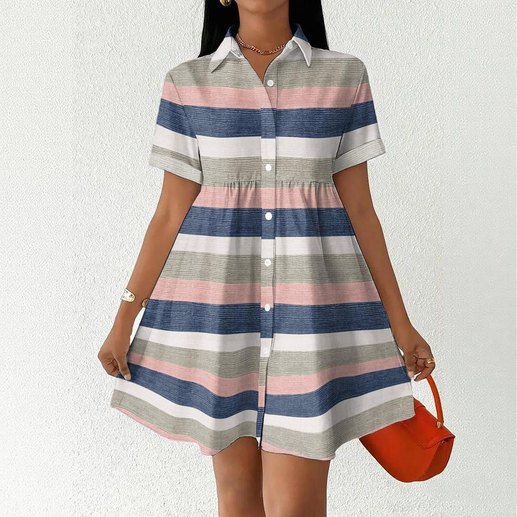 Women Loose Fit Shirt Dress Button Front Stand Collar Short Sleeve Casual Dress with Stripe Print for Daily Wear