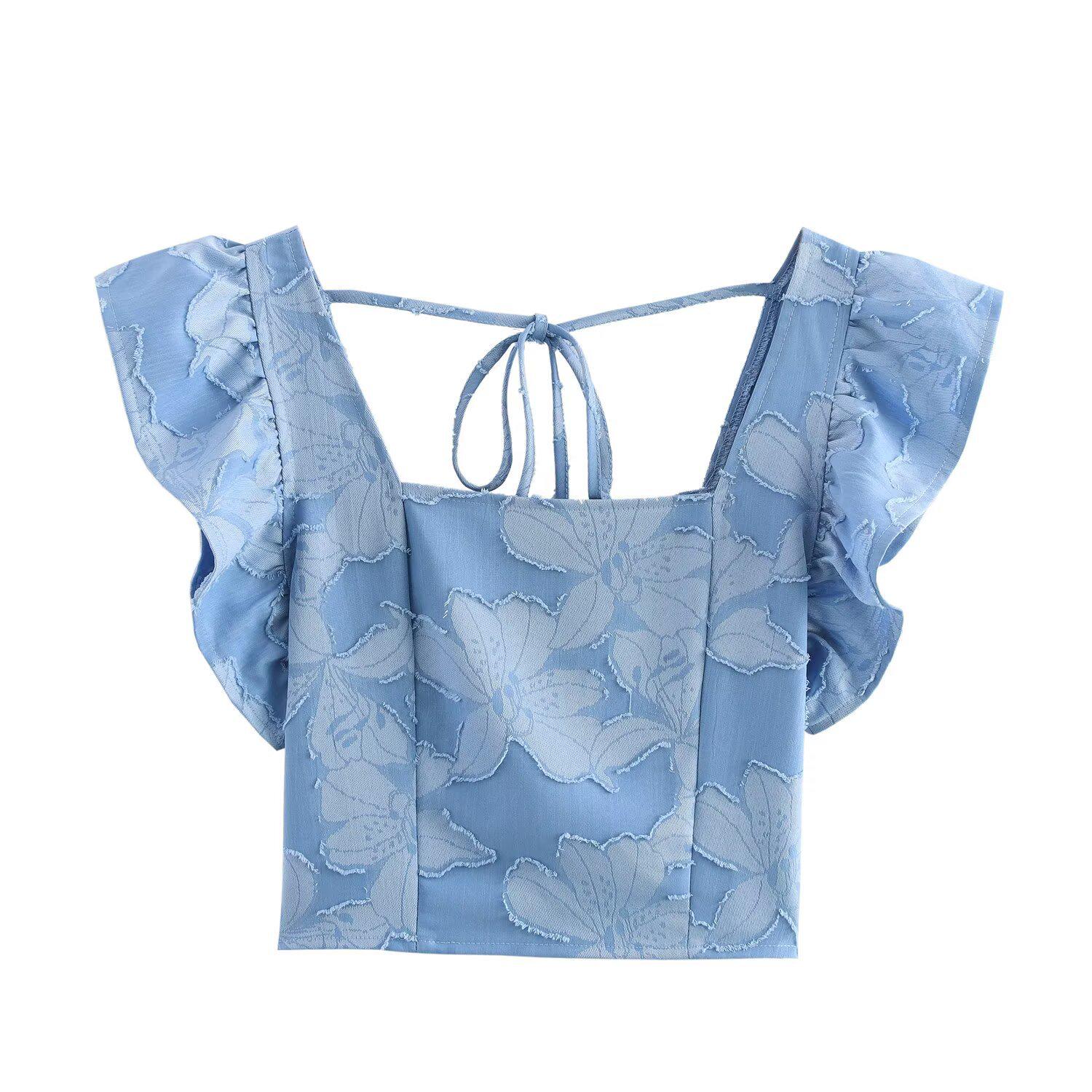 

Весна 2025 Женский европейский и американский стиль Топ с квадратным вырезом и оборками L синий