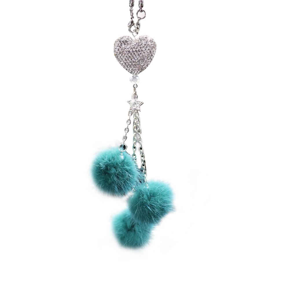 Bling Car Mirror Accessories Bling Love Heart and Pink Plush Ball Rhinestones Car Accessories Crystal Car Rear View