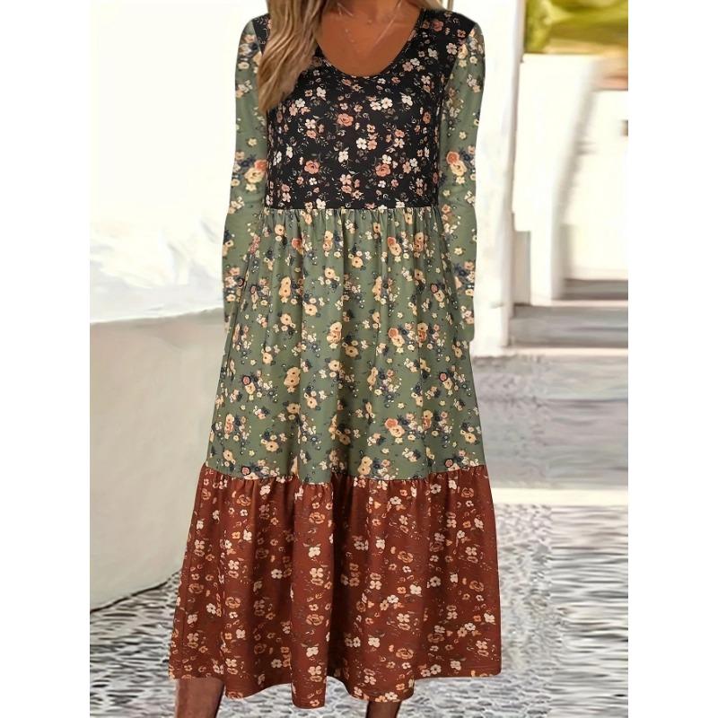 

YYFS Женская мода Весна Осень Цветочный принт Длинный рукав U-образный вырез Свободная талия Повседневные платья L зелёный