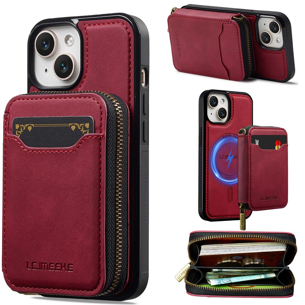 LC.IMEEKE L6 For iPhone 15 Magnetic Case Detachable Zipper Wallet Leather Coated PC + TPU Phone Cover