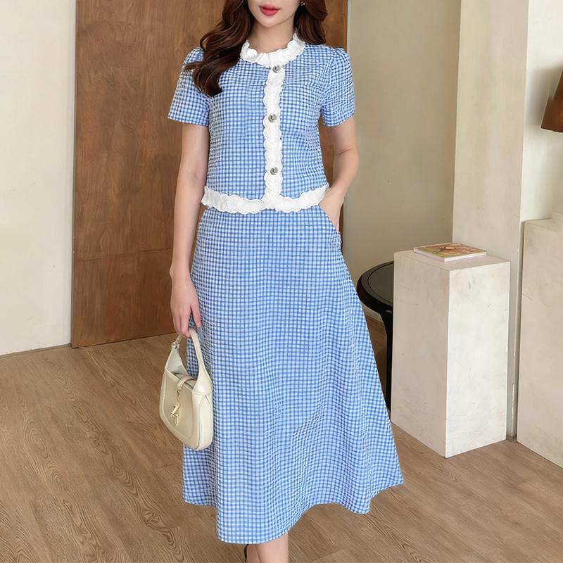 

ZANZEA Женская блузка с коротким рукавом и длинные юбки в клетку, комплекты из двух предметов 5XL синий