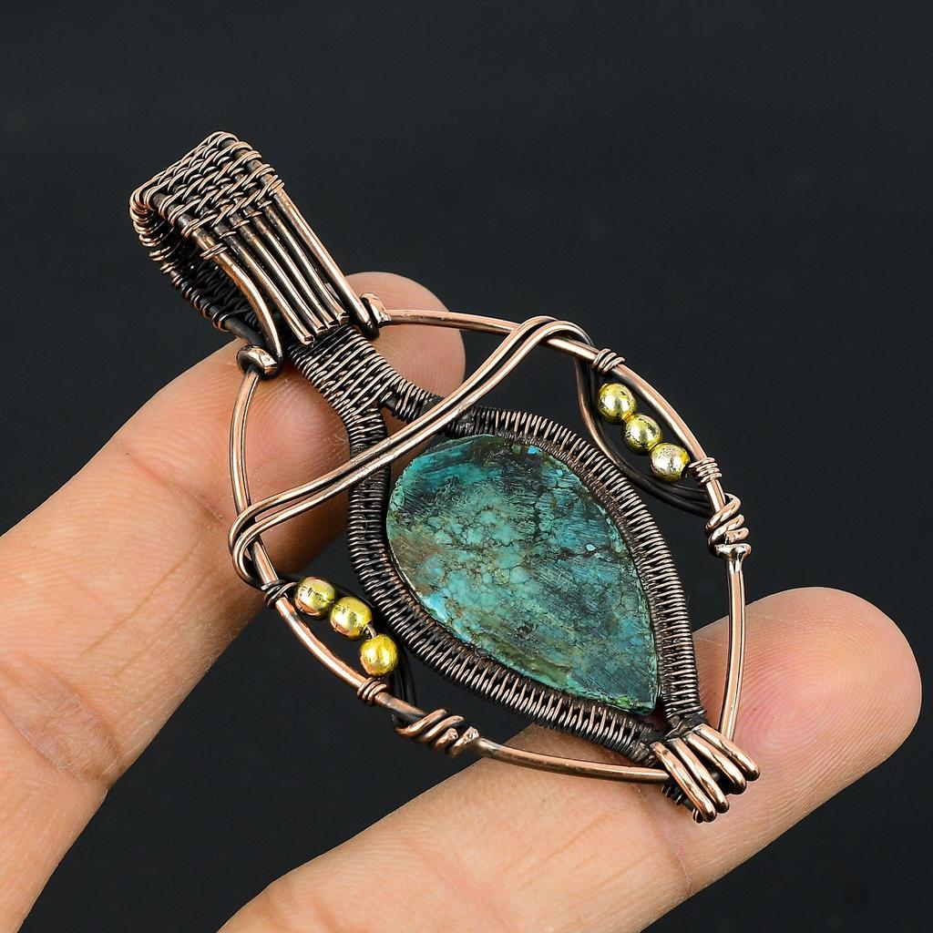 Tibetan Turquoise Pendant, 999 Copper Wire Wrapped Gemstone Jewelry, Handmade Pendant, For Thanksgiving