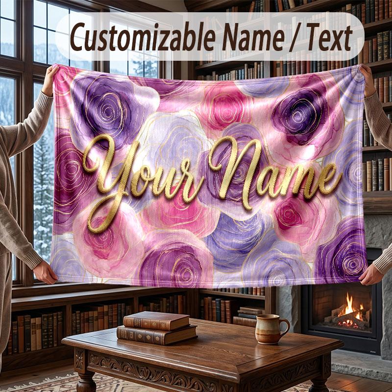 Floral Garden Theme Throw Blanket Custom Name Text Personalized Blanket Soft Cozy Blanket for Home Sofa Bed