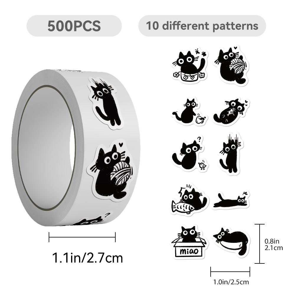 500pcs cartoon black cat roll roll stickers laptop scrapbook diary decoration guitar helmet water cup DIY stickers