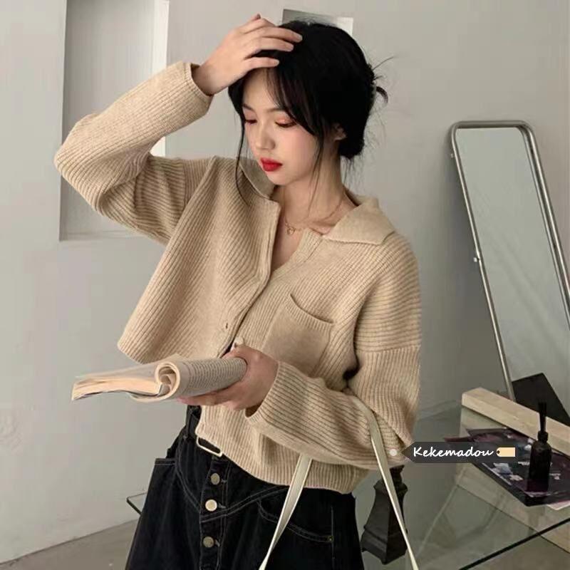 Korean Style Women's Knit Cardigan: Autumn/Winter 2024 Short Single-Breasted Sweater with Pockets