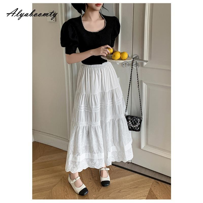 Fustă Midi Chic Coreeană de Primăvară Vară pentru Femei, Talie Elastică, Negru Alb, Broderie Florală, Fustă Ajurată, Elegantă, Feminină, de Petrecere, Fuste de Zână