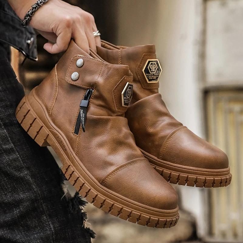 

2024 New Men Ankle Boots Retro Motorcycle Boots 2024 Soft Outdoor Zip Walking Winter Shoes For Men Comfortable Shoes Botines 45 39 коричневый