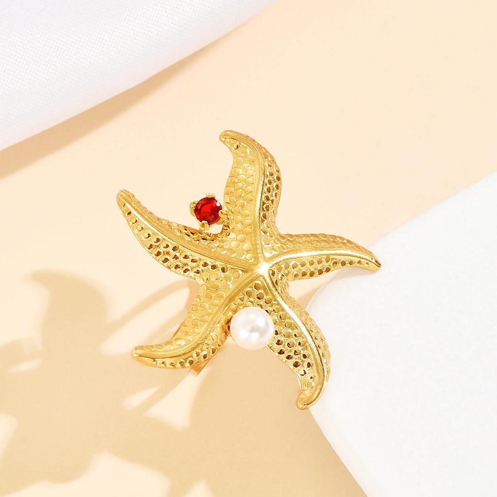 Stainless Steel Starfish Rhinestone Ring: Versatile Beach Vacation Style with Zircon Highlights