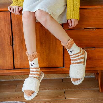 Dreidimensionale Ohren Korallenfleece Socken Damen Japanisch Weich Niedlich Tier Halb Fleece Damen Socken Haus Bodensocken