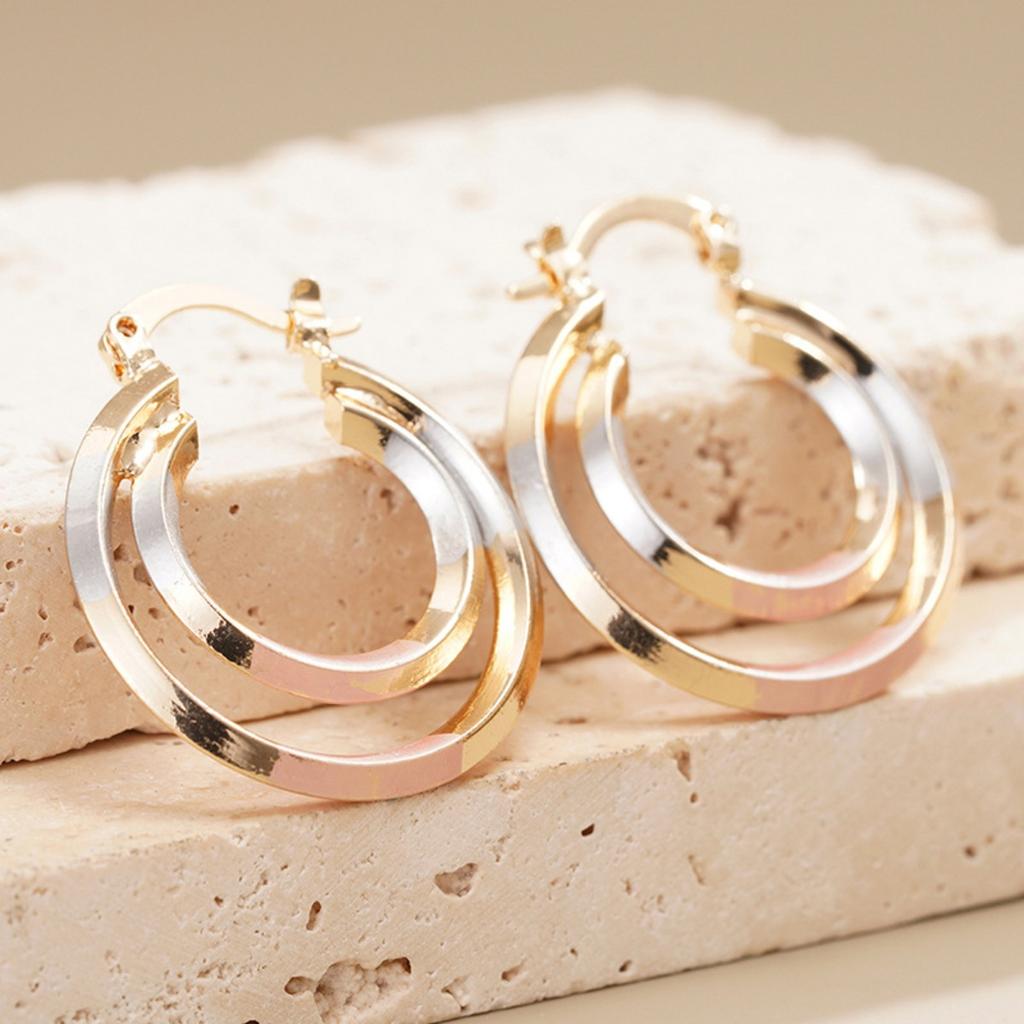 Double Layer Two Tone Hoop Earrings for Women Stylish Three Tone Round Circle Earrings Fashion Daily Party Jewelry